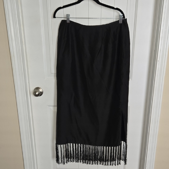 Vintage Clio Black 100% Silk Maxi Skirt Tassel Hem '90s Phoebe Buffay Aesthetic - Picture 3 of 7